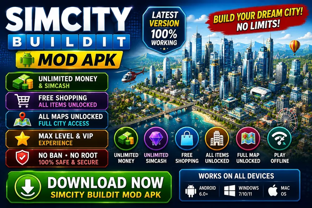 SimCity BuildIt mod apk running on an Android phone
