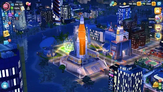 SimCity BuildIt city at night with lit streets and towers